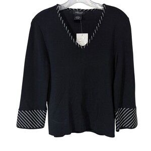 Willi Smith NWT Size Large Black & White V-Neck 3/4 Sleeve Stretch Knit Top READ